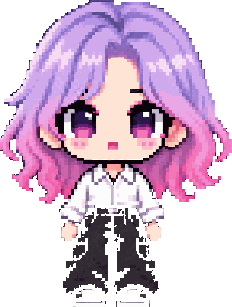 Isha Kim en pixel art: pelo largo en degradé violeta a rosa, camisa blanca y pantalón negro.