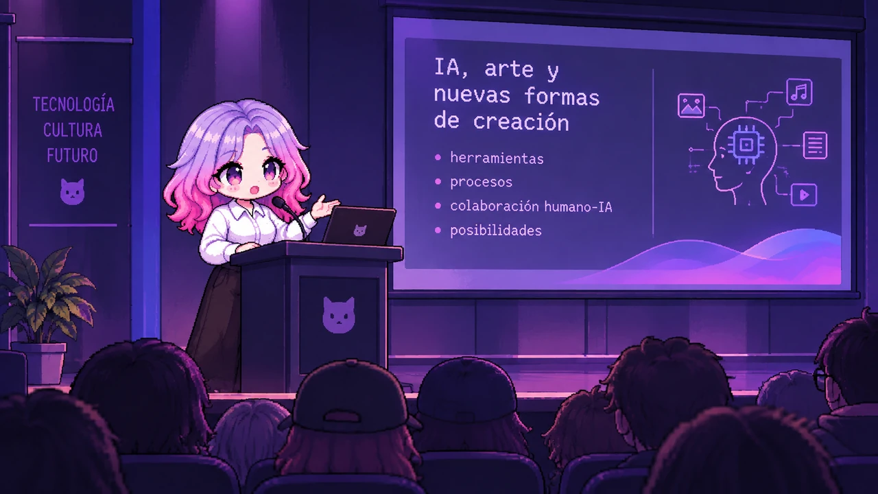 Isha Kim dando una charla en un auditorio, frente a una pantalla que dice «IA, arte y nuevas formas de creación».