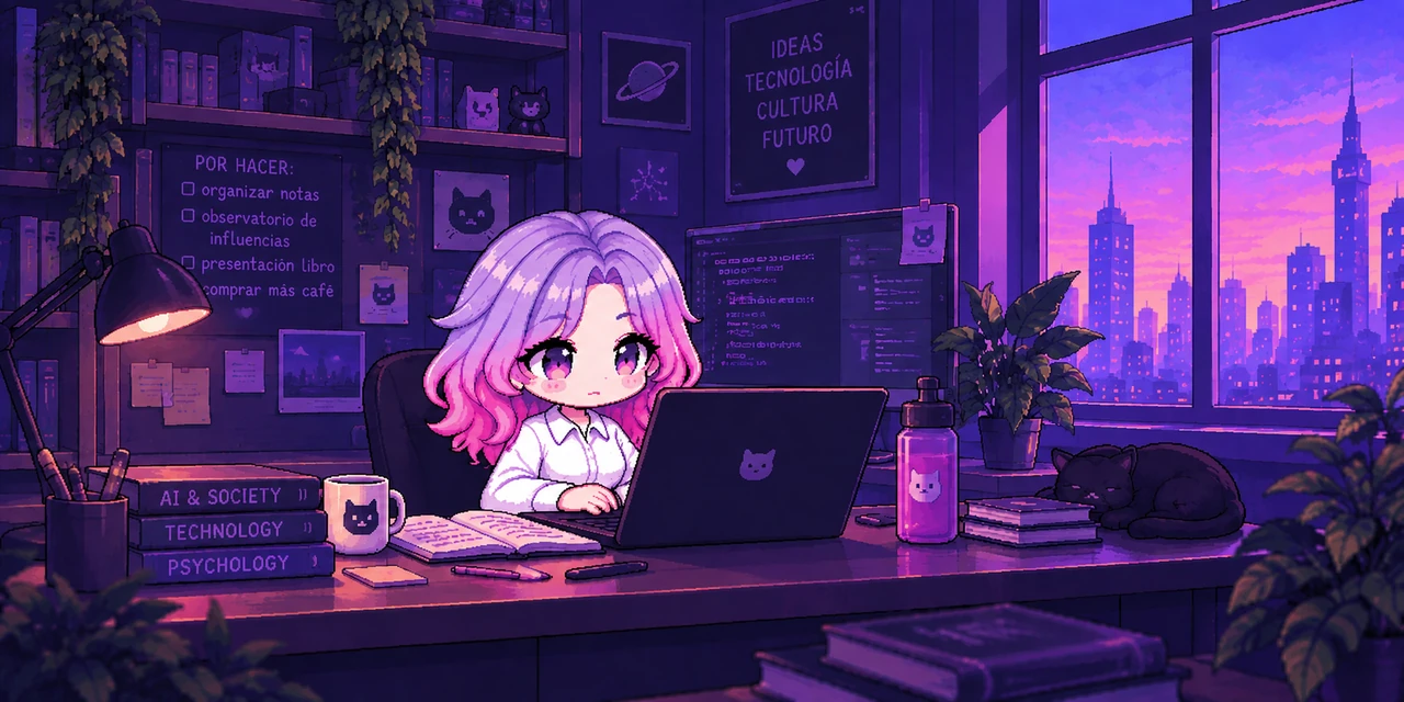 Isha Kim trabajando de noche en su escritorio, entre libros de psicología, tecnología e inteligencia artificial y sociedad, con un gato durmiendo al lado.