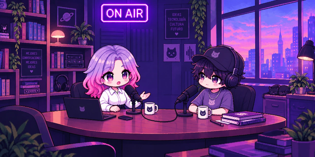 Isha Kim conversando con un invitado en un estudio de podcast, bajo un cartel de neón que dice ON AIR.